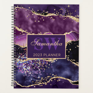 Elegant Dark Purple & Gold Glitter Agate Monogram Planner