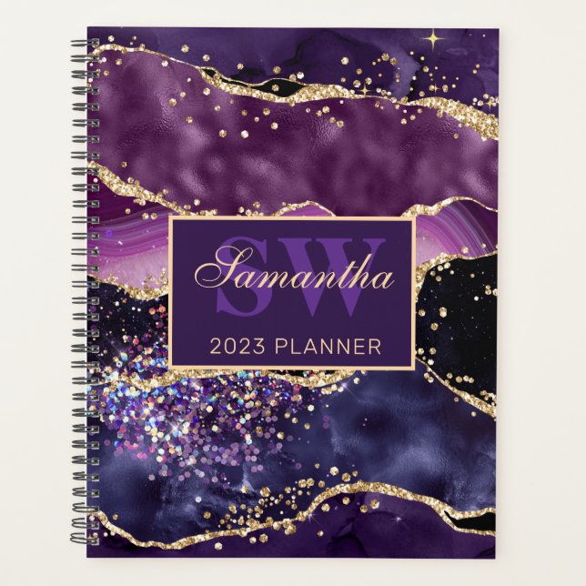 Elegant Dark Purple & Gold Glitter Agate Monogram Planner (Front)