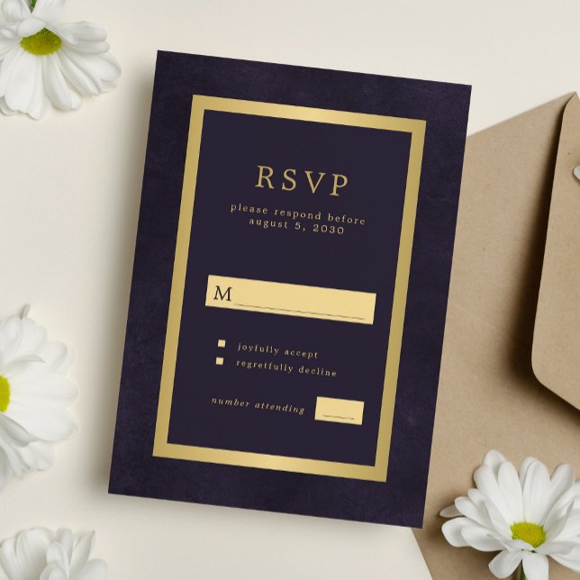 Elegant dark purple gold modern typography RSVP card (Creator Uploaded)