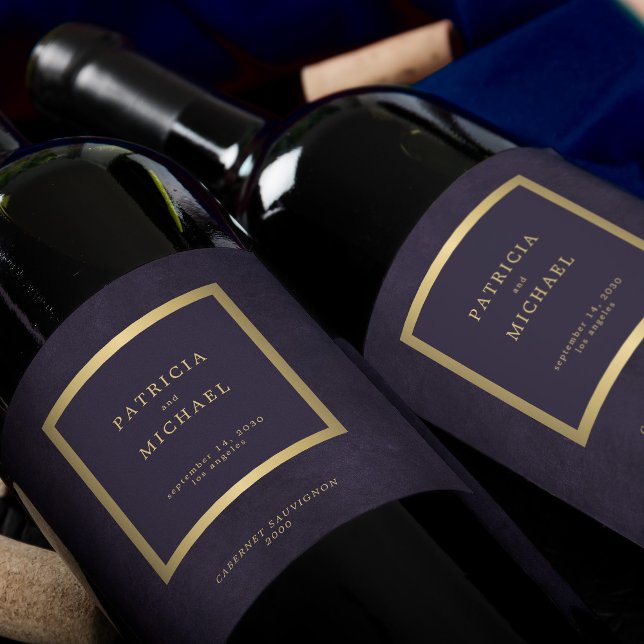 Elegant dark purple gold wedding personalised wine label (Creator Uploaded)