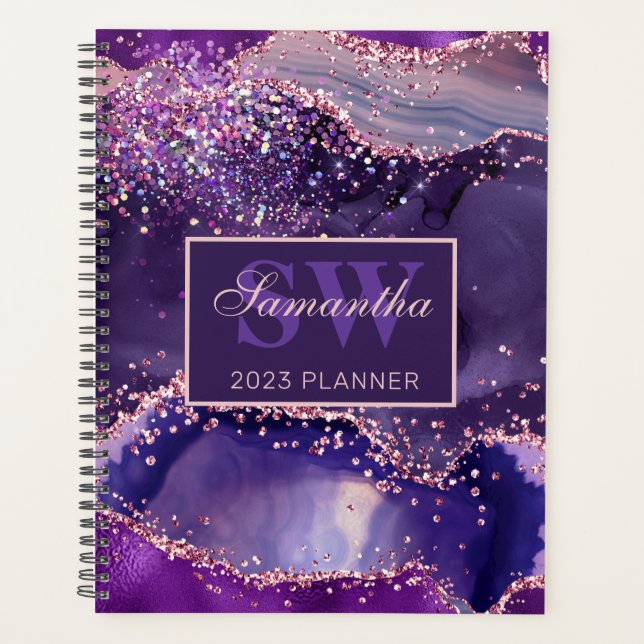 Elegant Dark Purple & Pink Glitter Agate Monogram Planner (Front)