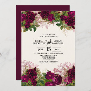 Elegant Dark Purple Plum Floral Wedding Invitation