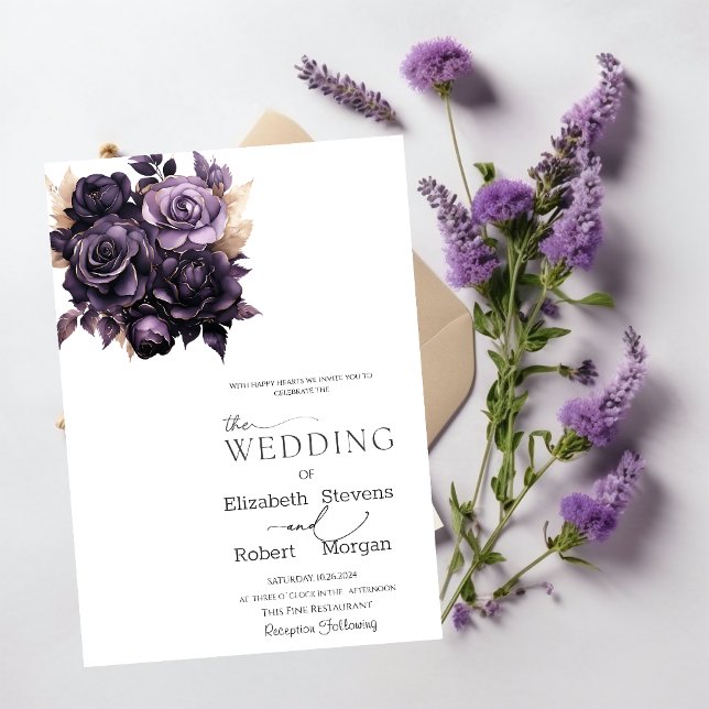 Elegant Dark Purple Roses Wedding Invitation (Creator Uploaded)