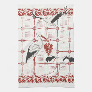 Elegant Dark Red Alsatian Folk Stork 2026 Calendar Tea Towel