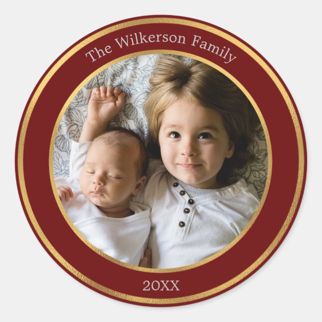 Elegant Dark Red and Gold Frame Custom Photo Classic Round Sticker (Front)