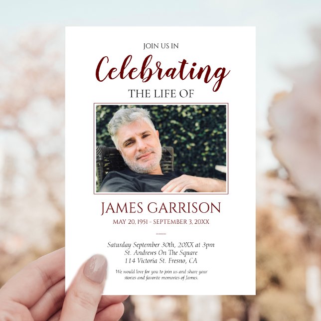 Elegant Dark Red Celebration of Life Photo Invitation (Creator Uploaded)