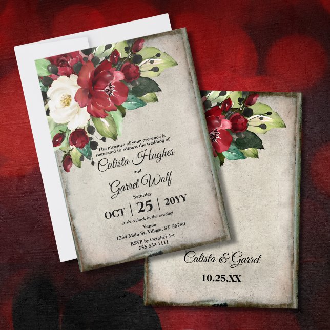 Elegant Dark Red Floral Grunge Grey Goth Wedding Invitation (Creator Uploaded)