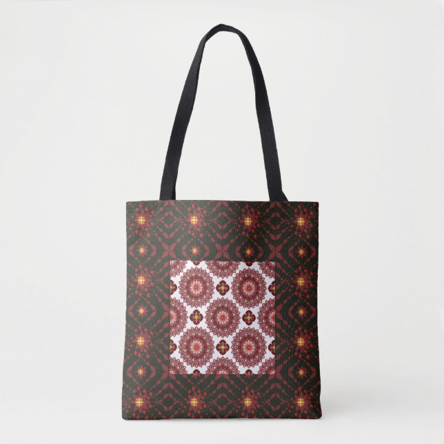 Elegant Dark Red Geometric Mandala Tote Bag – Arti (Front)
