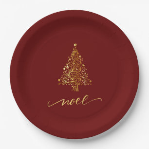 Elegant Dark Red & Gold Christmas Tree Noel Paper Plate