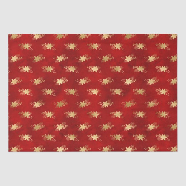 Elegant dark red gold foil poinsettias Christmas Tissue Paper (Front)