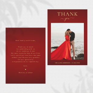 Elegant Dark Red & Gold Minimalist Photo Wedding Thank You Card