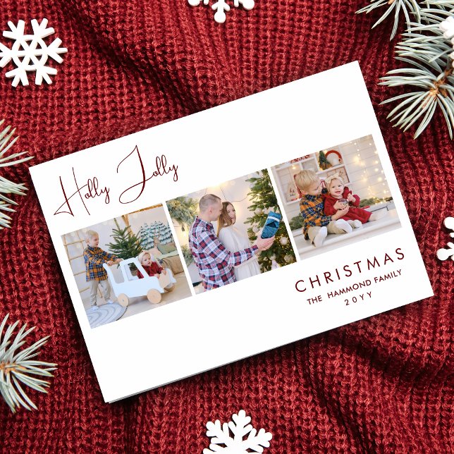 Elegant Dark Red Holly Jolly Quote 3 Multi Photos  Holiday Card (Exquisite and Elegant Dark Red Holly Jolly Quote 3 Multi Photos Collage Holiday Card with Envelope. )