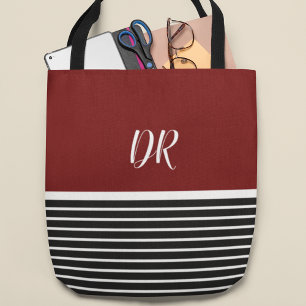 elegant dark red horizontal stripes with name tote bag