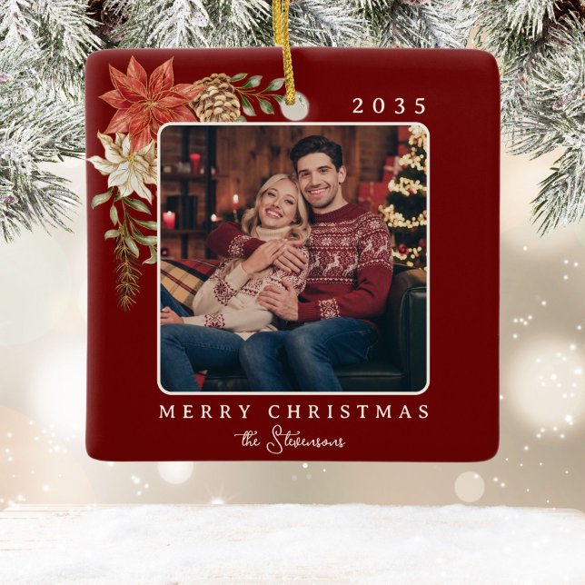 Elegant Dark Red Merry Christmas Poinsettia Photo Ceramic Ornament (Creator Uploaded)
