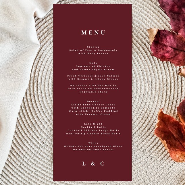 Elegant Dark Red Plum Burgundy Classic Wedding Menu (Creator Uploaded)