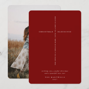 Elegant Dark Red Scripture Cross Photo Holiday Card