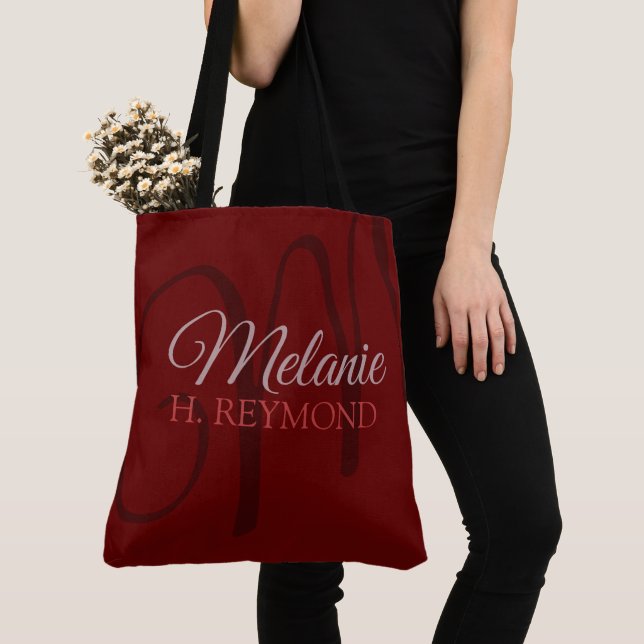 Elegant Dark-Red Tote Bag with Name and Initial (Close Up)