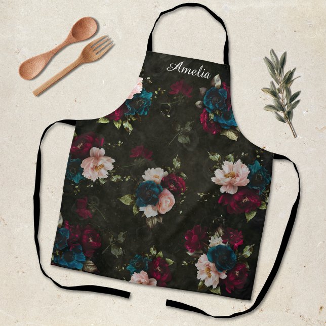 Elegant Dark Red Turquoise Floral Monogram Gift Apron (Creator Uploaded)