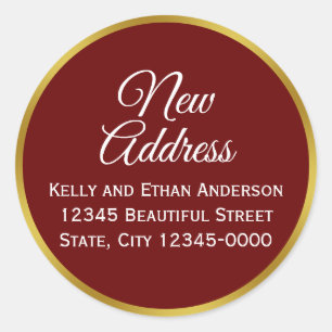 Elegant Dark Red White Gold Name and New Address Classic Round Sticker