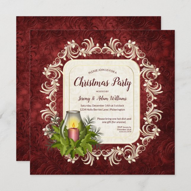 Elegant Dark Red with Candle Christmas Party Invitation (Front/Back)