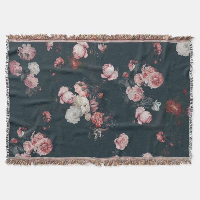 Elegant Dark Rich Dutch Floral Pink Roses Throw Blanket (Front)