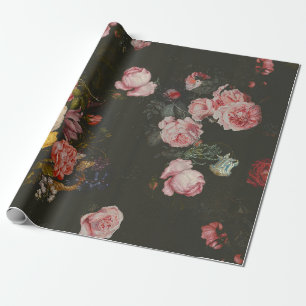 Elegant Dark Rich Dutch Floral Pink Roses Wrapping Paper