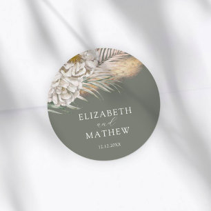 Elegant Dark Sage Pampas Grass Wedding Classic Round Sticker