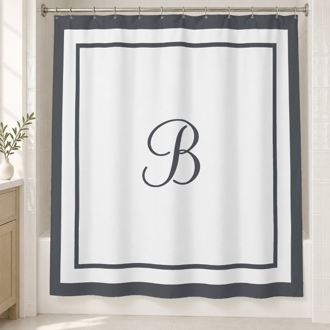 Elegant Dark Slate Border Script Monogram Shower Curtain (Creator Uploaded)