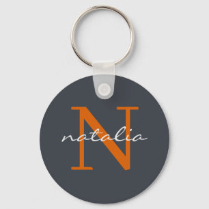 Elegant Dark Slate with Orange Monogrammed Key Ring