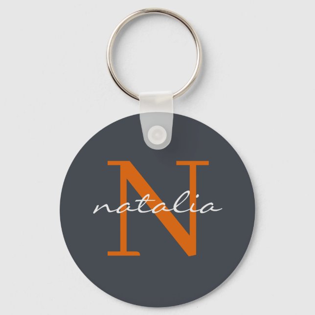 Elegant Dark Slate with Orange Monogrammed  Key Ring (Front)