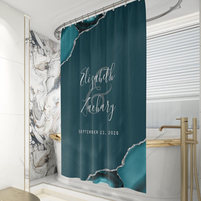 Elegant Dark Teal Agate Silver Newlywed Wedding Shower Curtain (Creator Uploaded)