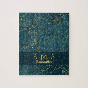 Elegant Dark Teal Blue & Gold Foil Floral Monogram Jigsaw Puzzle