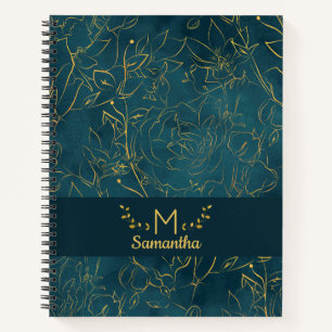 Elegant Dark Teal Blue & Gold Foil Floral Monogram Notebook