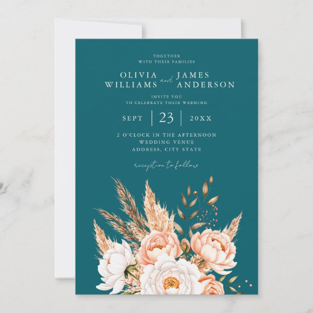 Elegant Dark Teal Boho Chic Fall Floral Wedding  Invitation (Front)