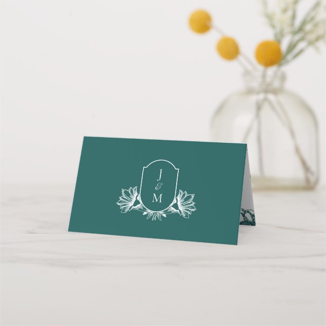 Elegant Dark Teal Botanical Monogram Crest Place Card (Front)