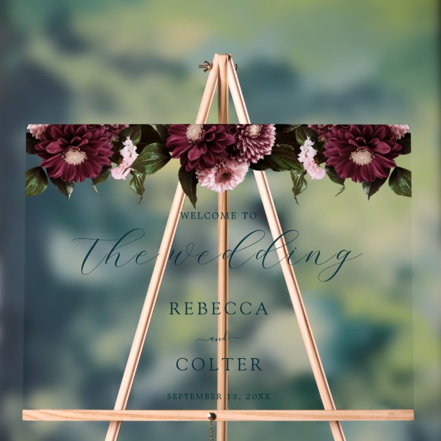 Elegant Dark Teal Burgundy Floral Wedding Acrylic Sign (Neutral)