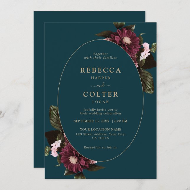 Elegant Dark Teal Burgundy Floral Wedding   Invitation (Front/Back)