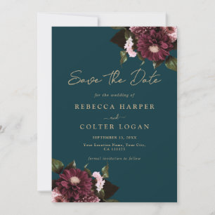 Elegant Dark Teal Burgundy Floral Wedding Save The Date