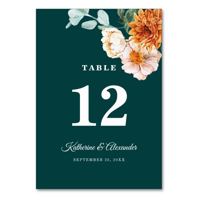 Elegant Dark Teal Burnt Orange Fall Floral Wedding Table Number (Front)