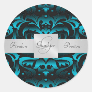 Elegant Dark Teal Damask Monogram Wedding Sticker