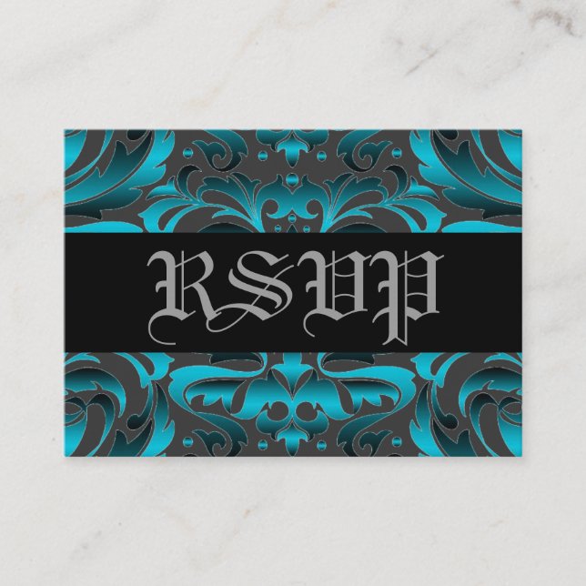 Elegant Dark Teal Damask RSVP Wedding Card (Front)