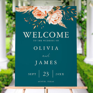 Elegant Dark Teal Fall Floral Wedding Welcome Acrylic Sign