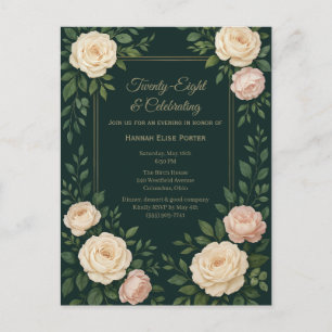 Elegant Dark Teal Floral with Gold Frame Birthday Postcard