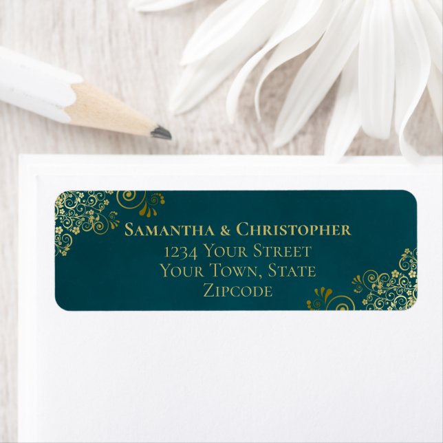 Elegant Dark Teal & Gold Wedding Return Address Label (Insitu)