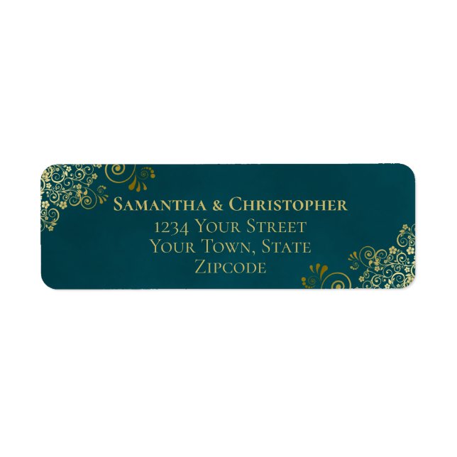 Elegant Dark Teal & Gold Wedding Return Address Label (Front)