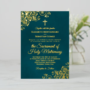 Elegant Dark Teal Modern Catholic Wedding Gold