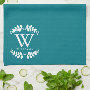 Elegant Dark Teal Monogram Tea Towel
