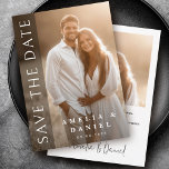 Elegant dark vertical overlay photo wedding save the date<br><div class="desc">Wedding save the date card featuring your photo with white text "Save the date" in an elegant font aligned vertically on the left. Additional photo and custom message on the back.</div>