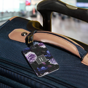 Elegant Dark Violet Floral   Monogram Luggage Tag