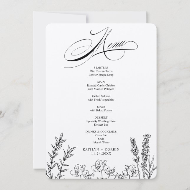 Elegant Dark Wildflower Menu Card (Front)